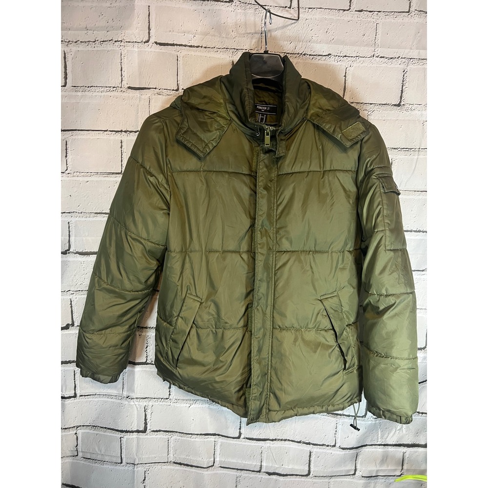 Forever 21 Men Olive Green Puffer Jacket Detachable Hood Quilted Parka Medium
